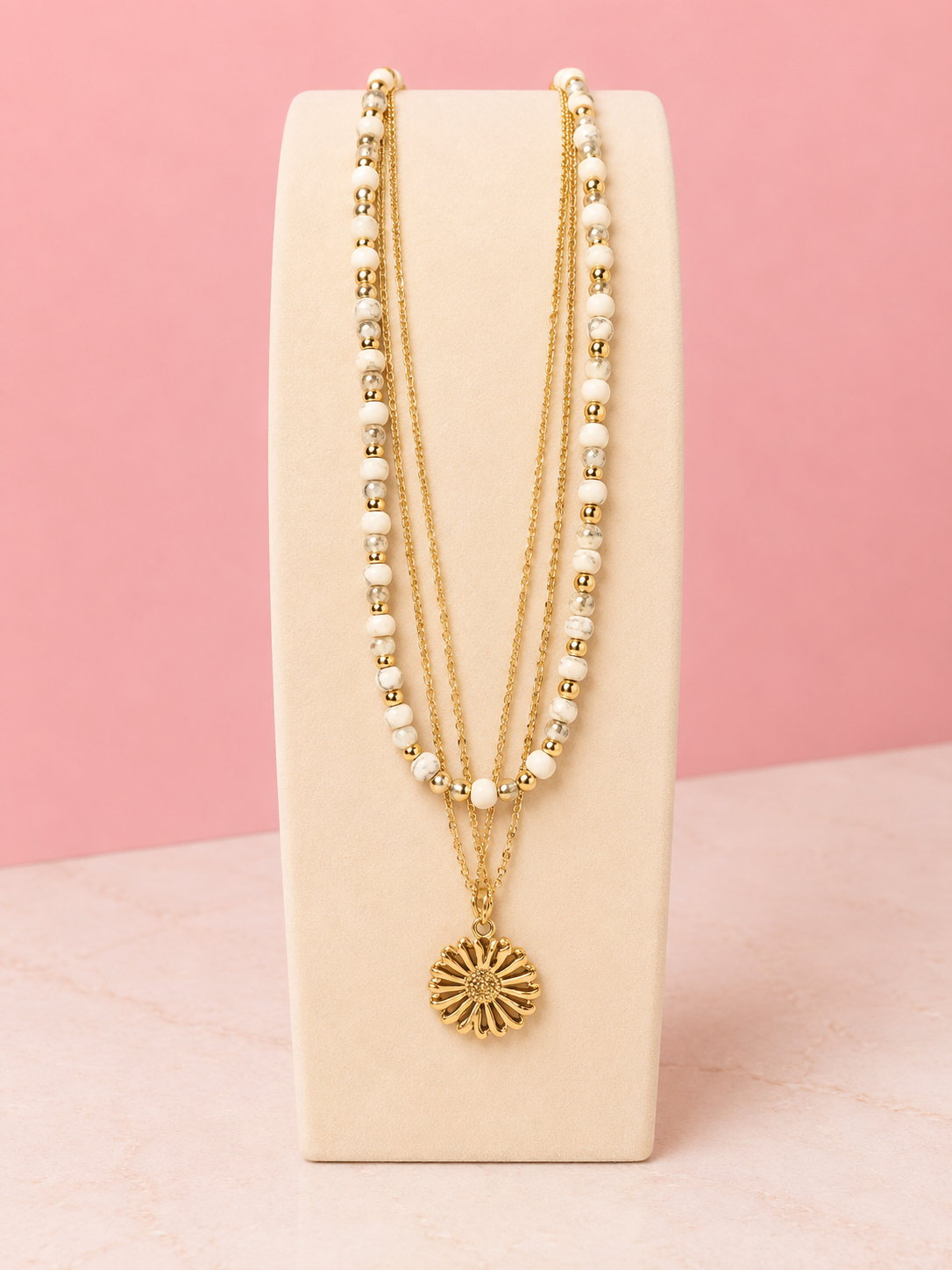 Three Layer Bead and Flower Necklace