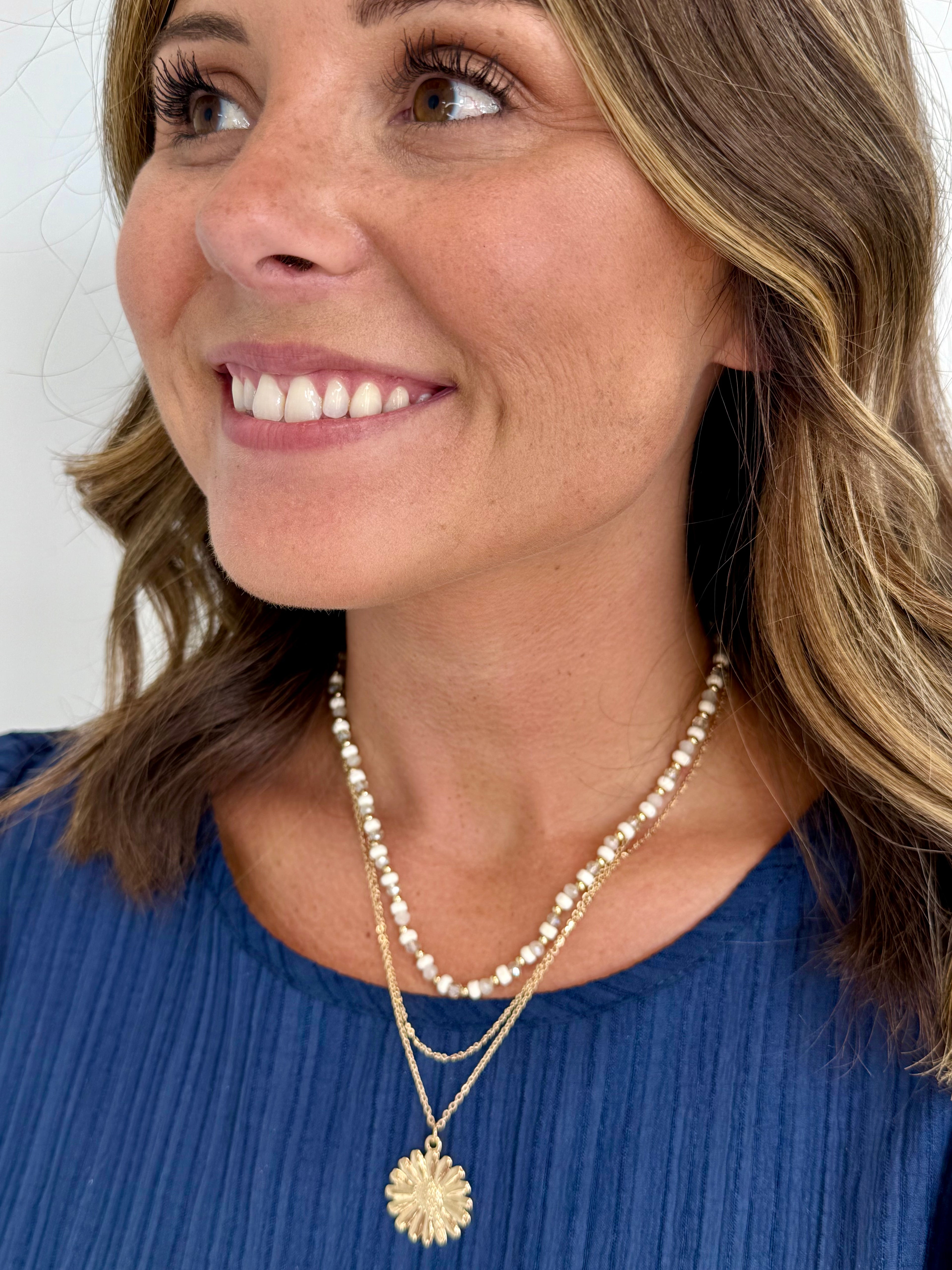 Three Layer Bead and Flower Necklace