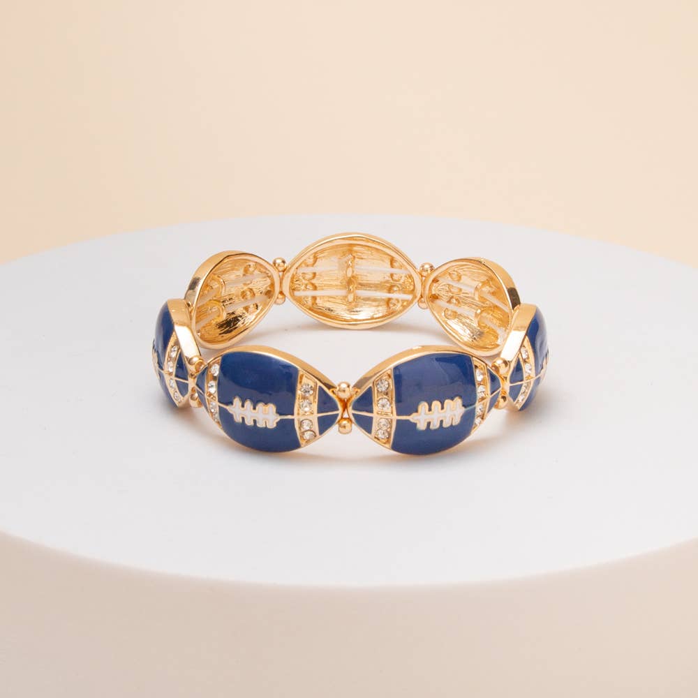 Game Day Football Metal Stretch Bracelet: Blue White