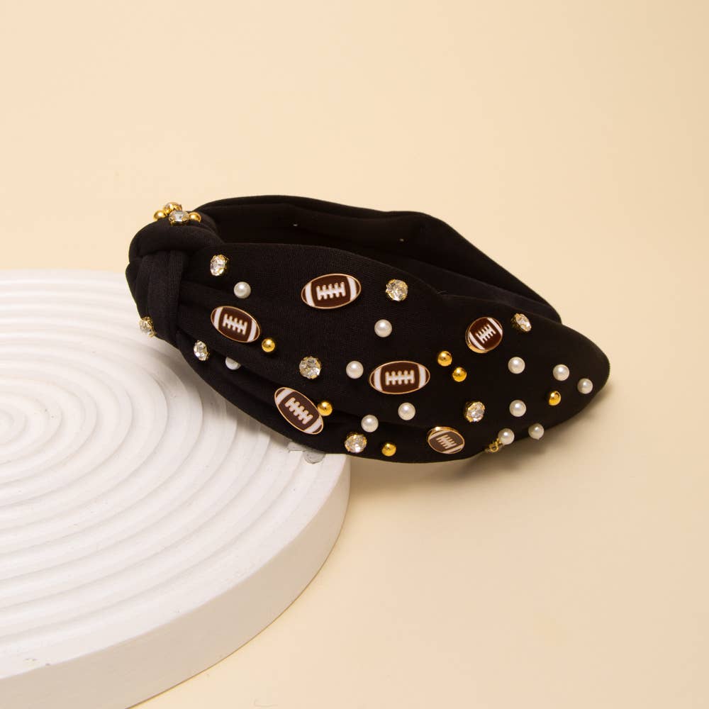 Football Jeweled Headband with Pearl Accent: Black