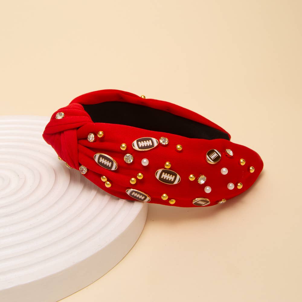 Football Jeweled Headband with Pearl Accent: Red